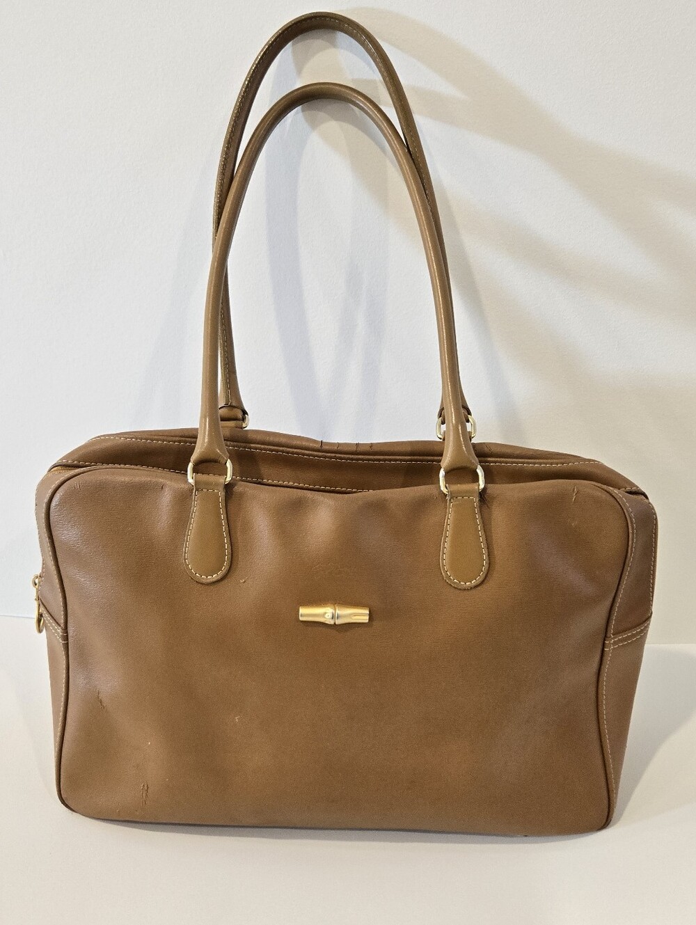 Longchamp Brown Leather Handbag Tote Purse Shoulder Bag Gold hardware